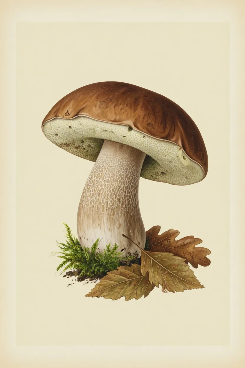 Penny bun, Boletus edulis, drawn as a botanical plate.